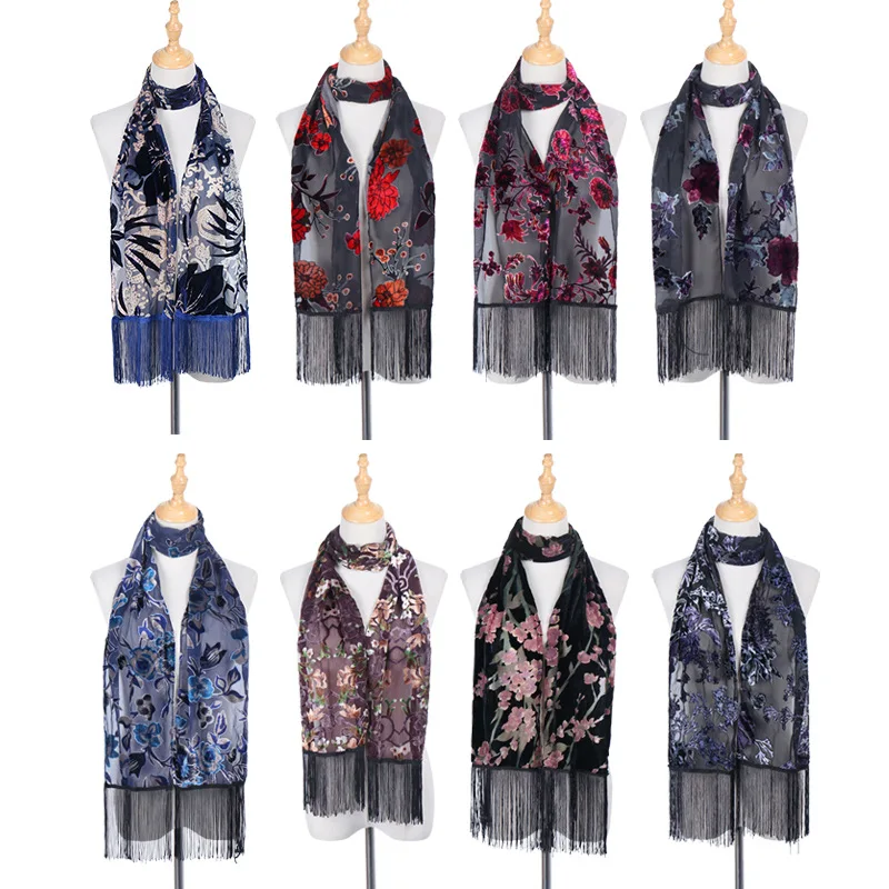 

Fancy Floral Printing Scarf With Tassel Wholesale Ladies Soft Breathable New Style Long Narrow Nylon Scarves