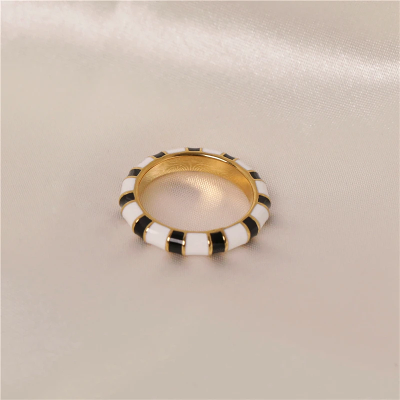 Joolim Jewelry 18K Gold Plated  Black White Zebra Enamel  Stainless Steel Rings for Women Tarnish Free