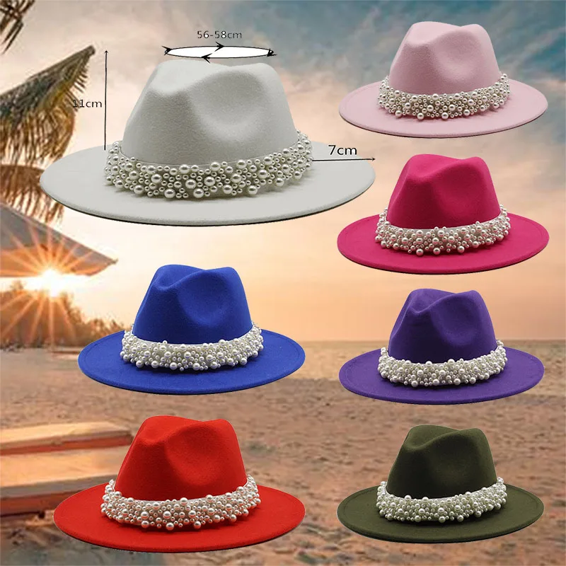 

2021 Solid Color Polyester Cotton Vegan Material Fedora Hat with Pearl Wide Brim Wool Party Music Festival Fedora Hat