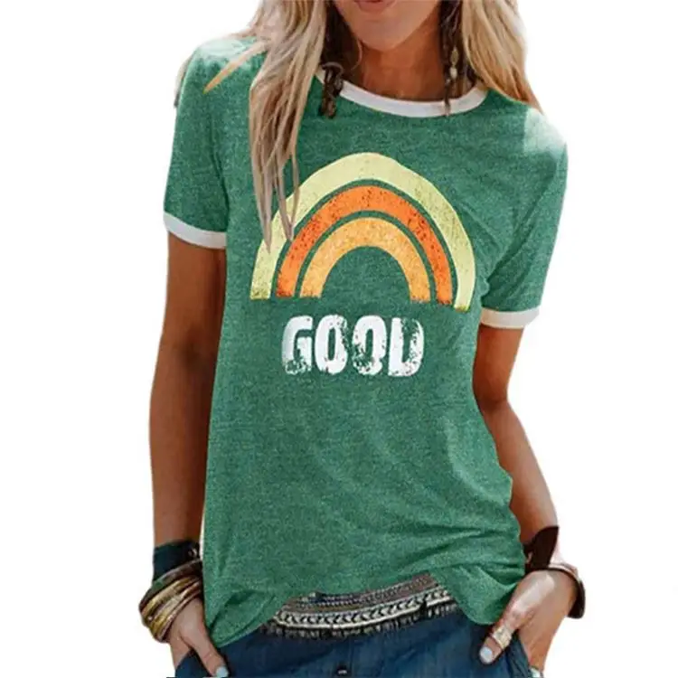 

Latest Design Women Fashion Good Rainbow Print Women Tops 2021 T-Shirt O Neck Short Sleeve Women Shirts Blouses Ladies