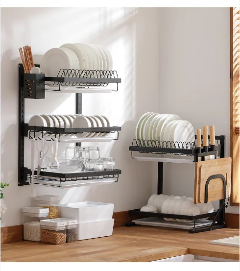 

Wall-mounted 2 or 3 tier stainless steel roll up hanging over sink dish drying rack, Black