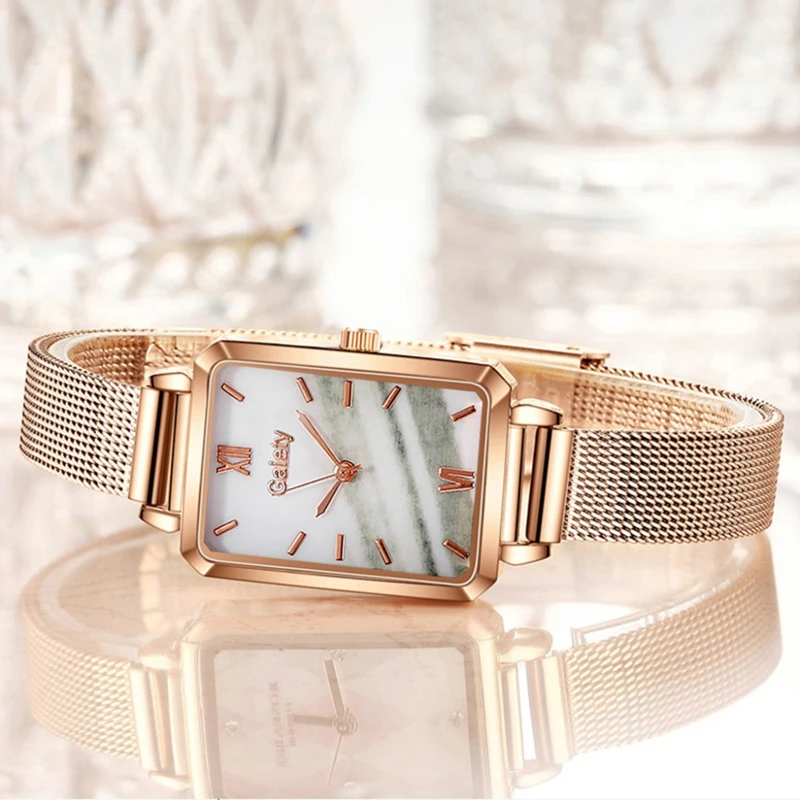 

Women Watches Fashion Square Ladies Quartz Watch Bracelet Set Green Dial Simple Rose Gold Mesh Luxury Women Watches