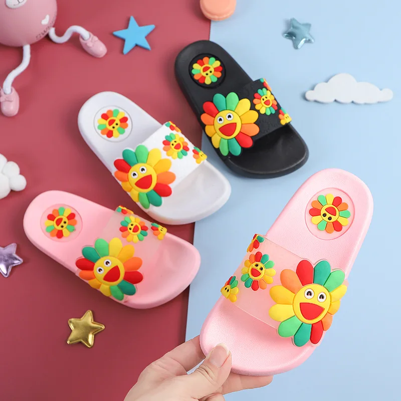 

Promotional Sale Summer Cartoons Non-slip Sunflower Soft Bottom Beach Kids Summer Slippers, Black white pink