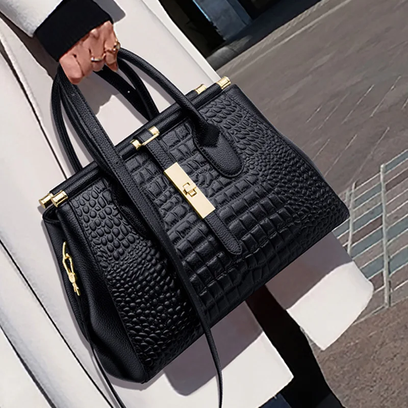 

Leather Crocodile Handbag Vintage Tote Bag Shoulder Handbag Women Bag Lady Purse Casual Bag Ladies Handbags, Black