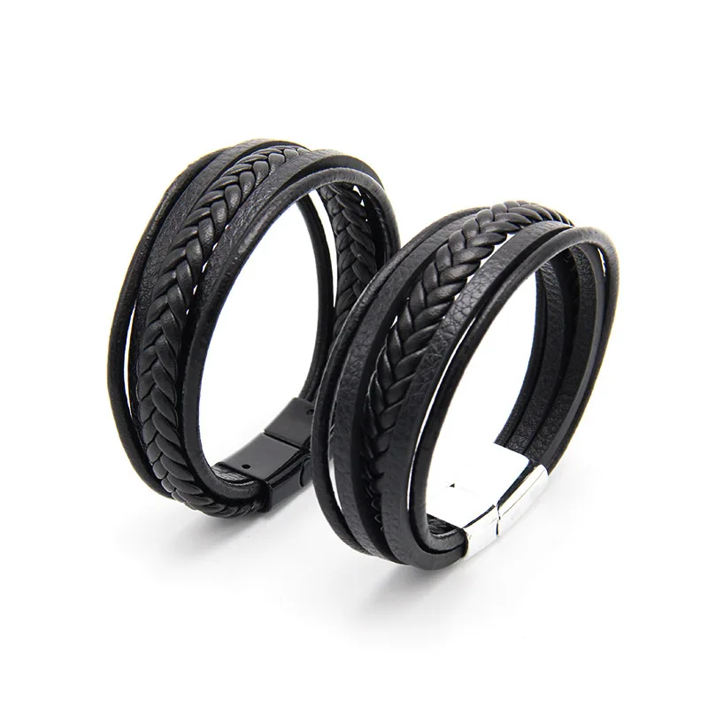 

New Arrival Men's Hand Jewelry Black Braided Leather Bracelet Bangle 3 Layers Real Leather Magnetic Clasp Bracelet