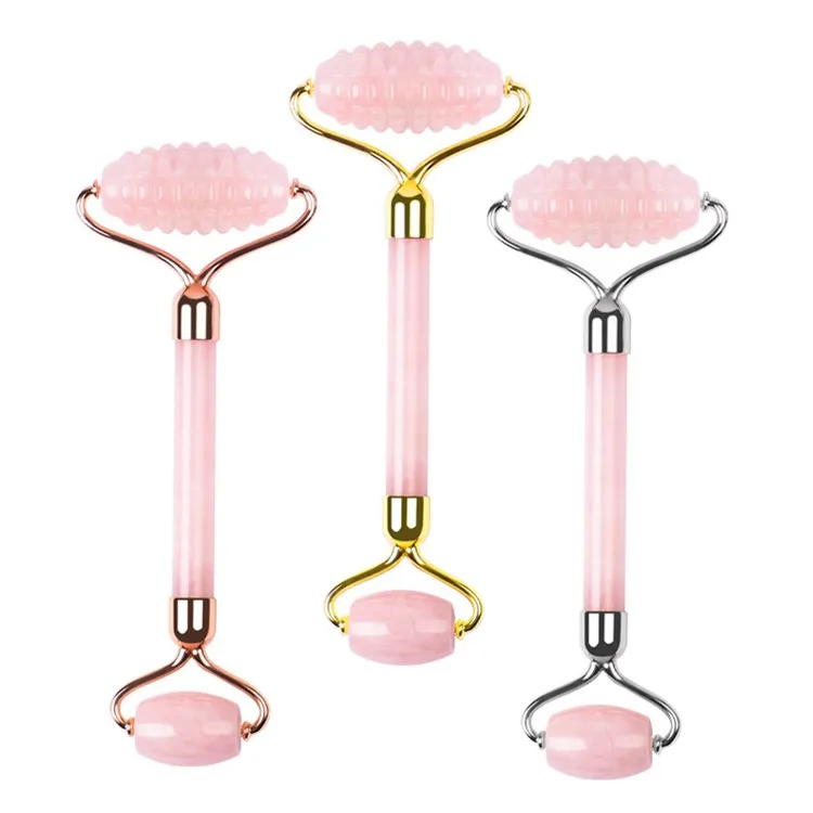 

100% Natural Rose Quartz Jade roller anti-aging and slimming face massager thorn double heads gua sha pink Jade Facial Roller