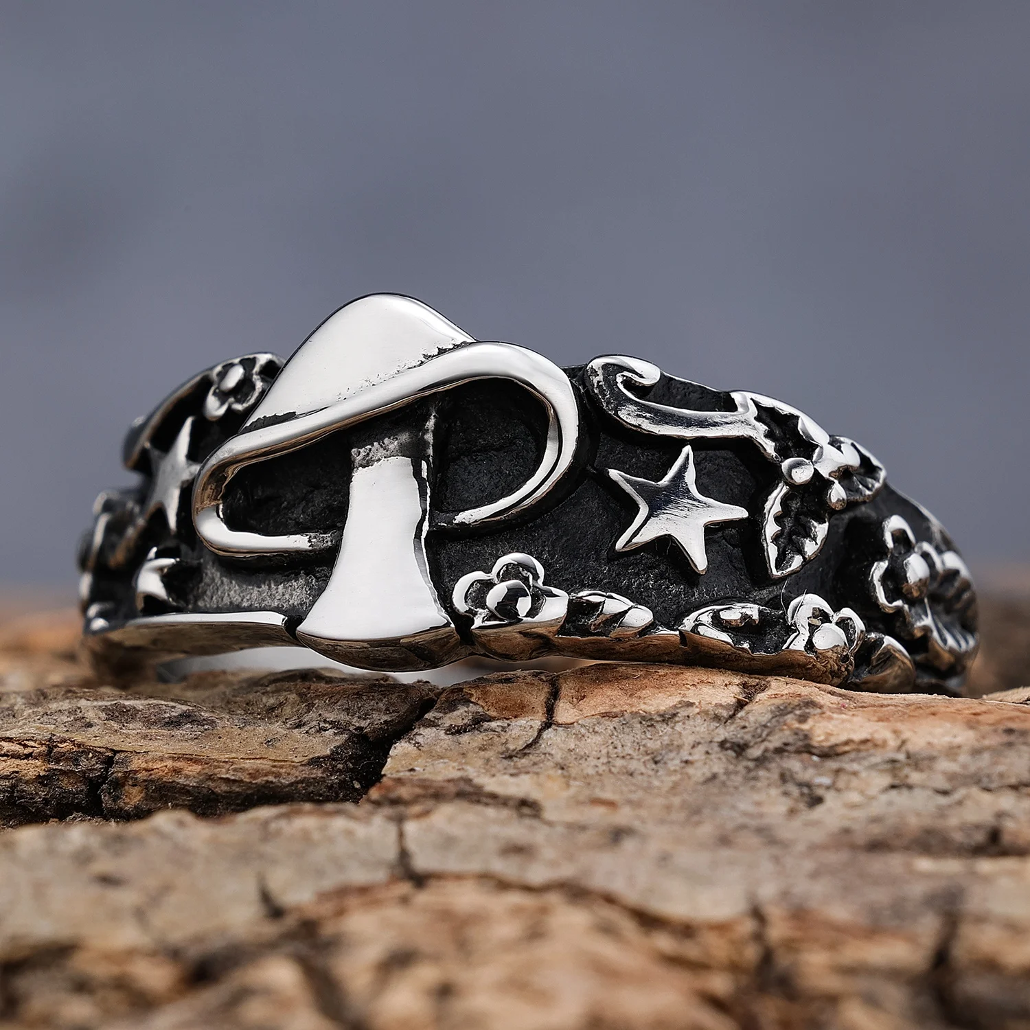 

Boho Jewelry Mushroom Star Flower Mystic Ring Stainless Steel Leaf Band Ring for Women Men Girls Boys