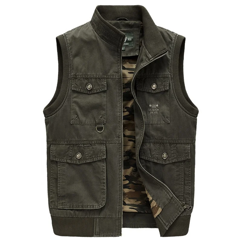 

2021 Fashion High Quality Casual Punk Mens Combat Buckle Standing Collar Sleeveless Waistcoat Jacket Fishing Vest For Men, Black, khaki, army green