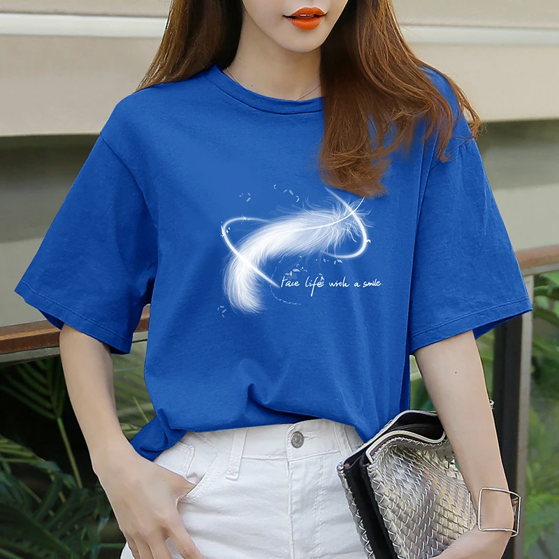 

Women Feather printed t shirt streetwear cotton t shirts summer women's clothes t-shirt Printing tops shirts, Customized color