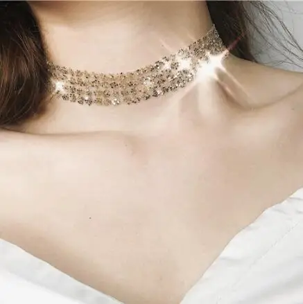 

Korean ins Super Shinning Womens Necklace Simple Temperament Fashion Chain Necklace Sequin Lace Gold Necklace, Gold silver