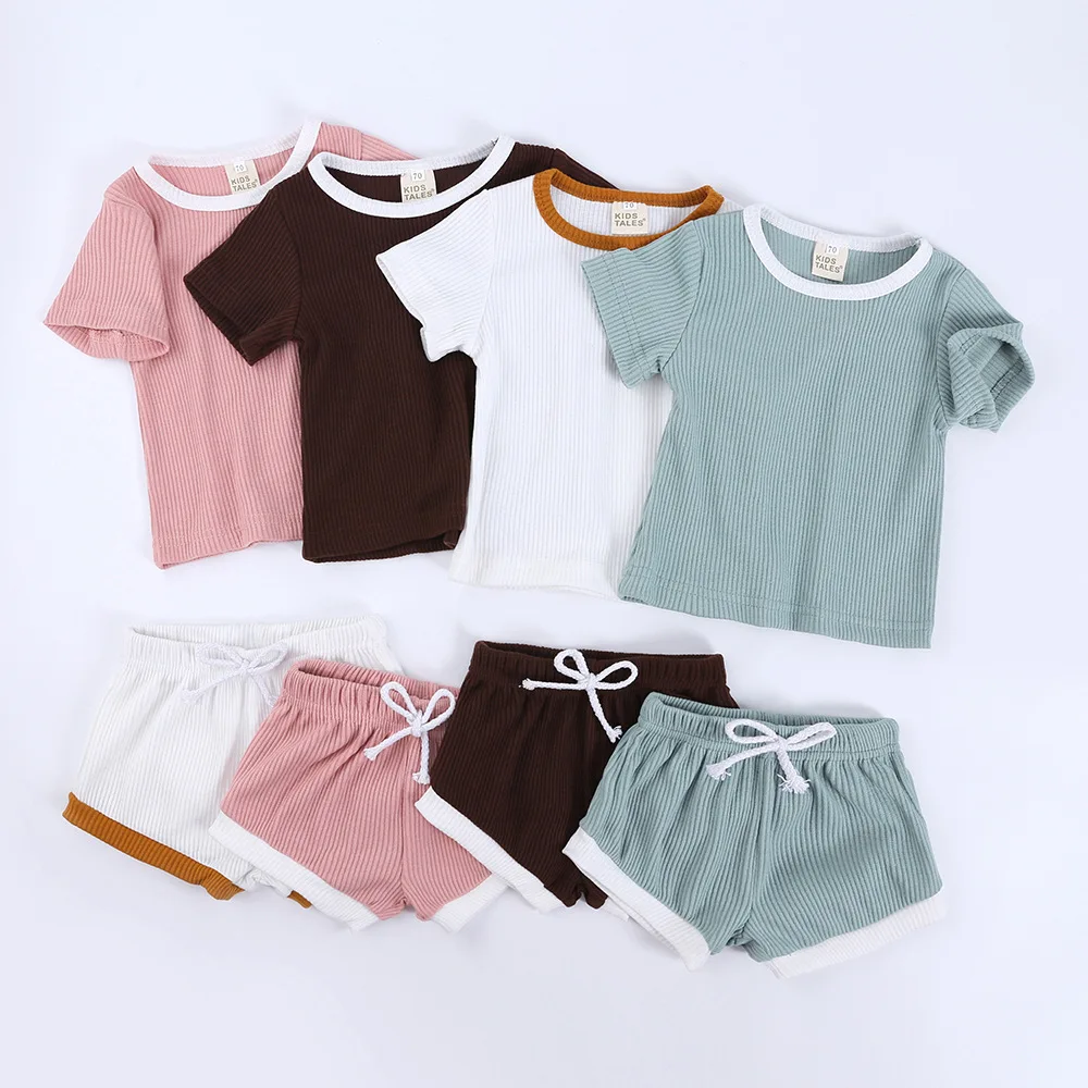 

Wholesale Children Short Sleeve T Shirt Matching Bloomers Kids Summer Two Piece Clothes Sets Baby Ribbed Outfit