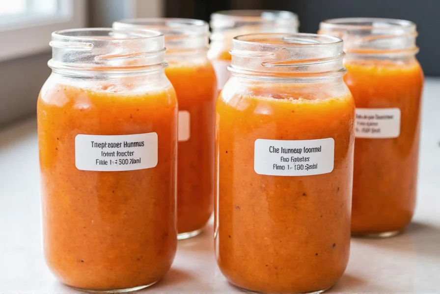 Glass jars containing red pepper hummus with labels showing preparation and expiration dates