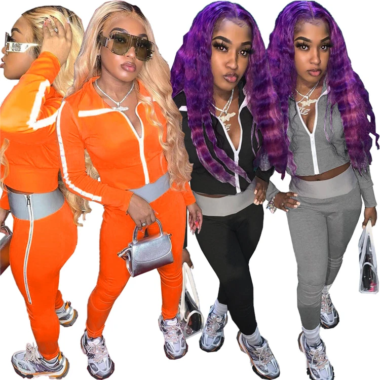 

D95821 Hot Onsale 2020 Fall And Winter New Fashion Women Clothing Casual Pure Color Zipper Womens Jogging Sets 2 Piece