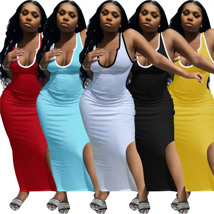 

MD-20052001 Spaghetti Strap Sexy vestido de dama Deep O-neck Solid Color Casual Dress Women Bodycon Dress Sun Dresses