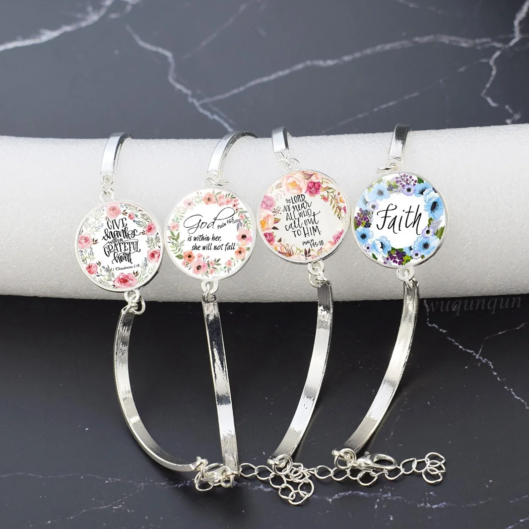 

Fashion Bible Verse Christian Lettering Bracelet Glass Cabochon Inspirational Quote Silver Bangles Jewelry Women Men Faith Gift