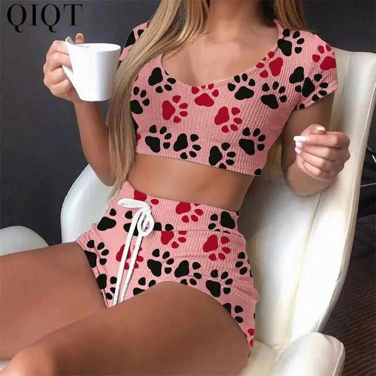 

Amazon 2021 Summer Short Sleeve Round Neck Cute Printed Pajama Set Knitted Fabric Home Set Silk Sleepwear Pajama Set