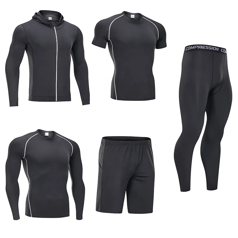 

Hot Selling Men 5pieces Gym Fitness Set Quick Dry Sports Suit Stretchy Training Wear Basketball Running Suits Workout Clothing