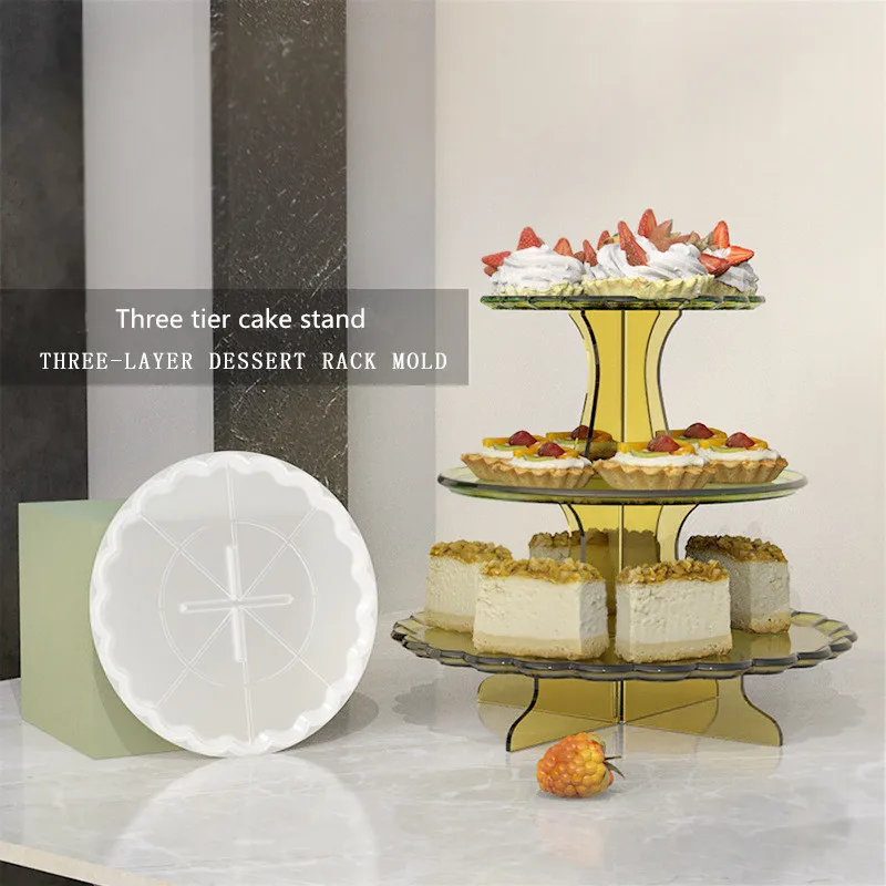 

1865 diy crystal drop glue three-layer fruit plate cake stand dessert tray silicone mold wholesale, White transparent
