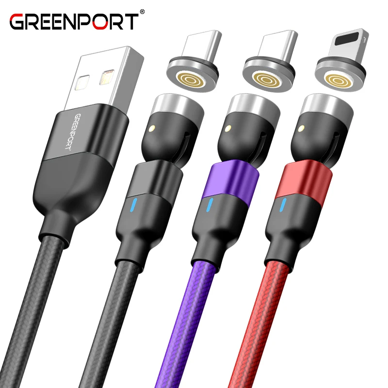 

GreenPort 3 in 1 540 degree magnetic cable Magnet type c Cable Usb Phone Cable with data transfer 3A fast charging 540 rotation