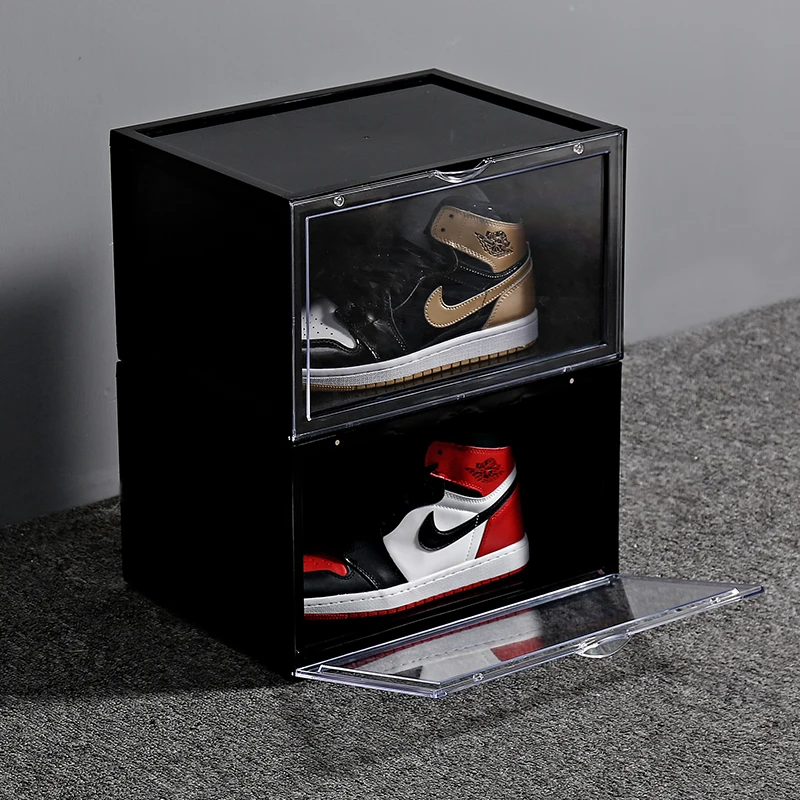 

Side-Open Drop Door Magnetic Easily Assemble Custom Custom Logo Clear PP Plastic Magnetic Acrylic Shoe Box, Transparent