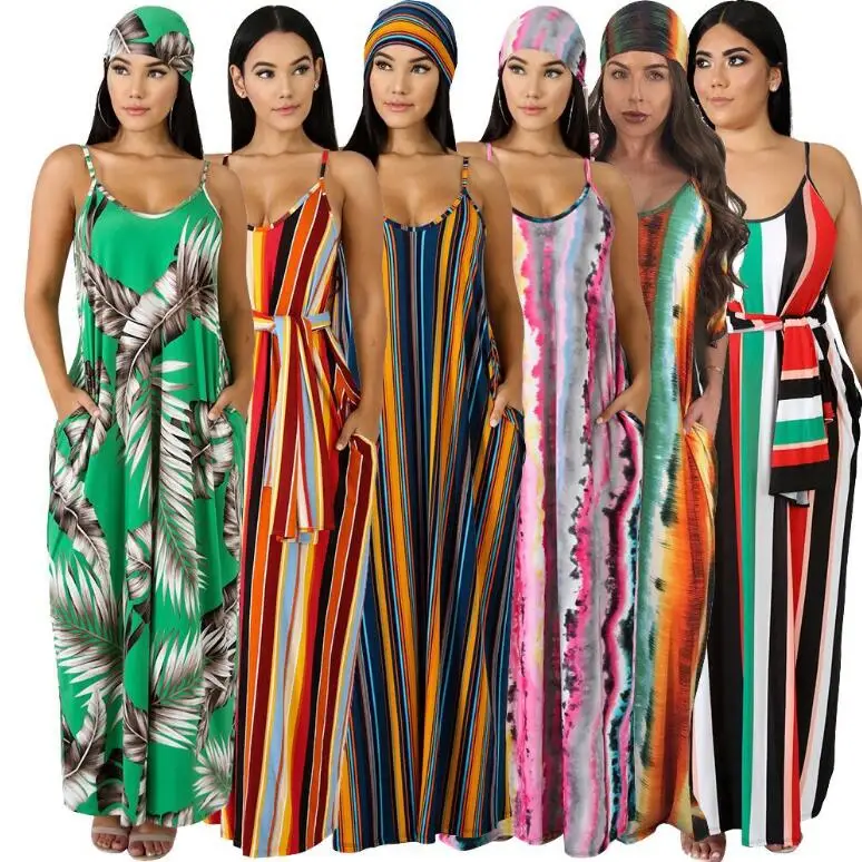 

2021 New Trending Floral Casual Dress Striped Suspender Sleeveless Dress Long Maxi Summer Dress Women With Scarf, 6 colors for selection