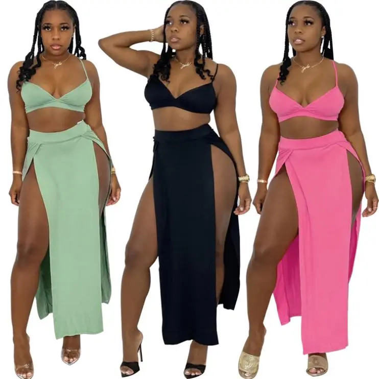 

MOEN High Quality Backless Spaghetti Straps Summer Side Split Sexy Skirts And Women Crop Top Set Two Piece Skirt Set
