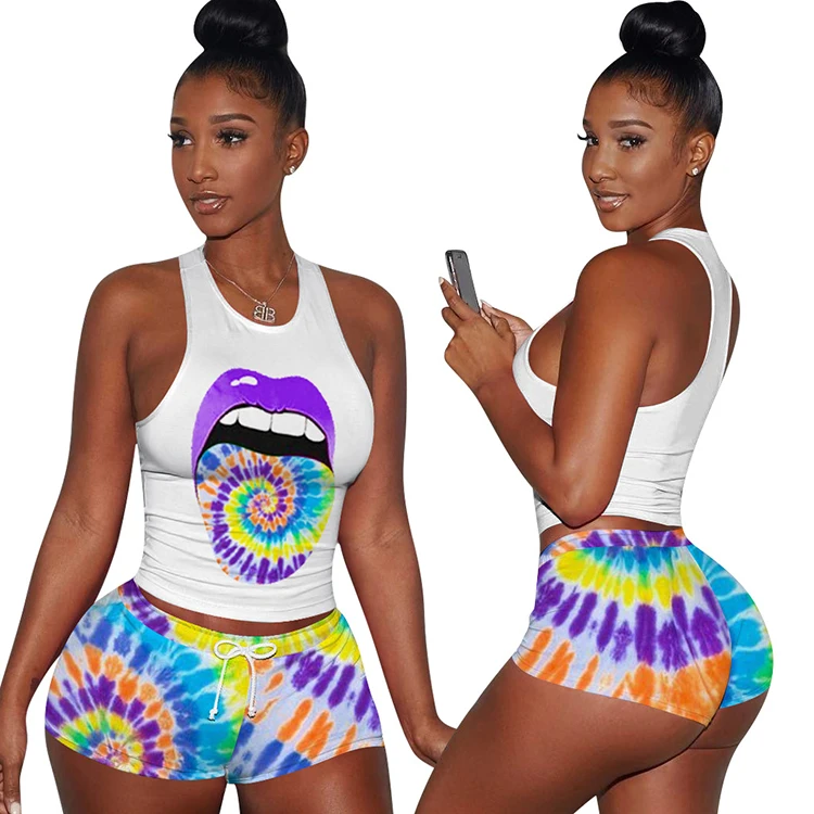 

2021 Summer Two Piece Plus Size Outfits Tie Dye Sleeveless Casual Sets For Women