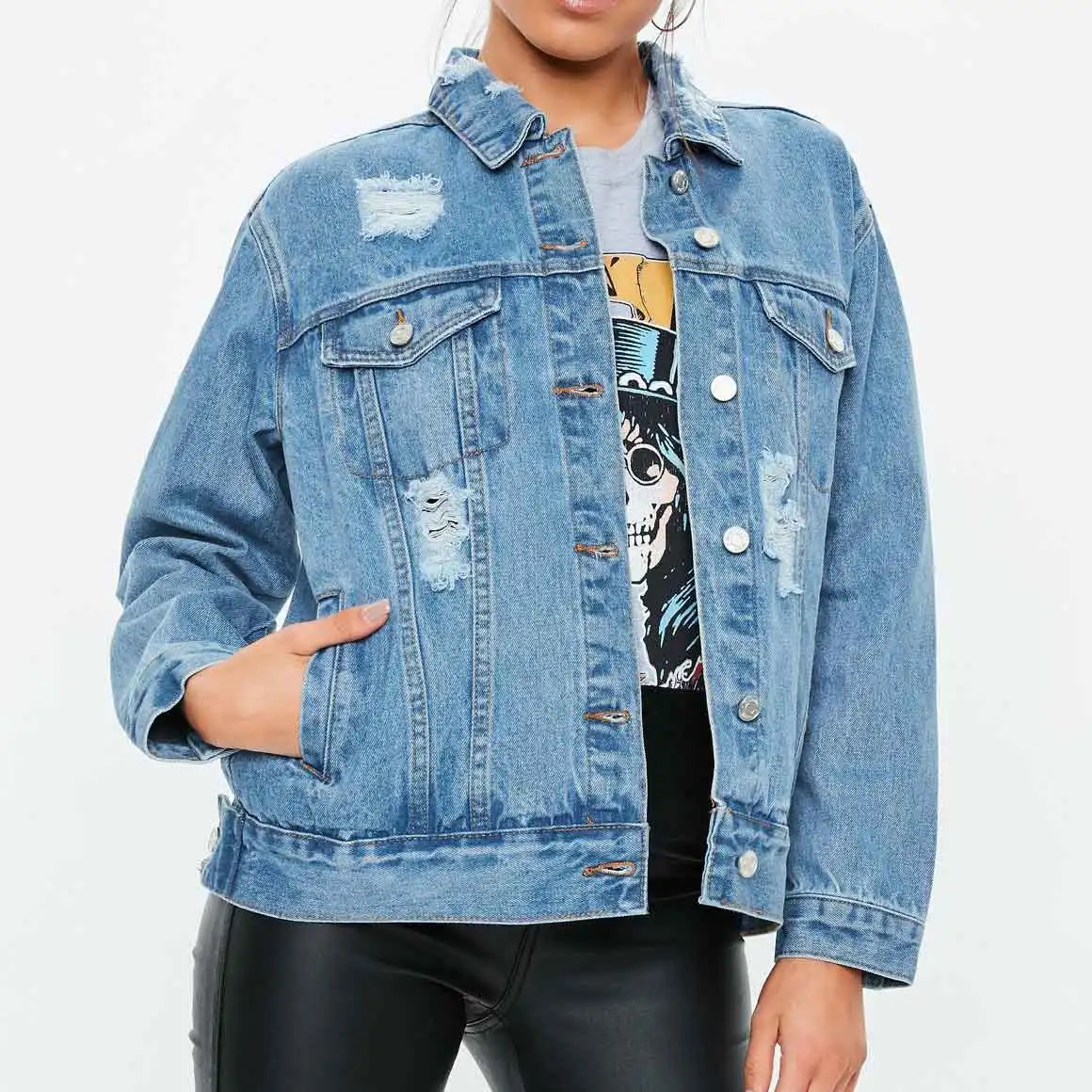 custom women fashion blue oversized boyfriend denim ripped jean