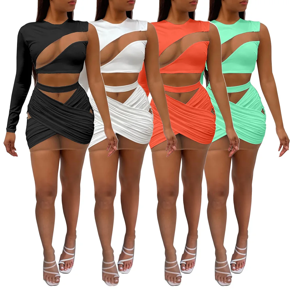 

2021 New Arrivals Women Sexy See Through One Sleeve Mini Sheath Skirt Set Wholesale Fashion Bodycon Hollow Out Mesh Skirt Set