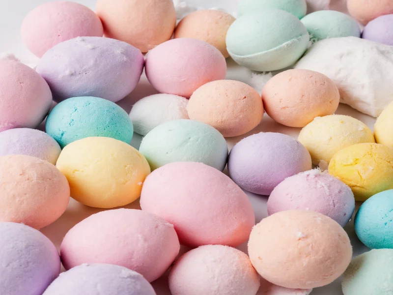 Homemade bath bombs in various colors and shapes