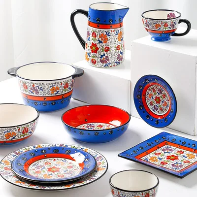 

Blue Household Ceramic Kitchenware Bowl Plate Soup Teapot Flatware Painted Plate Set