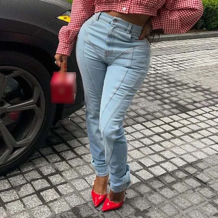 

Trendy Fall Jeans For Women Mid Waist Ladies Denim Pants Casual Trousers Patch Jeans, Blue