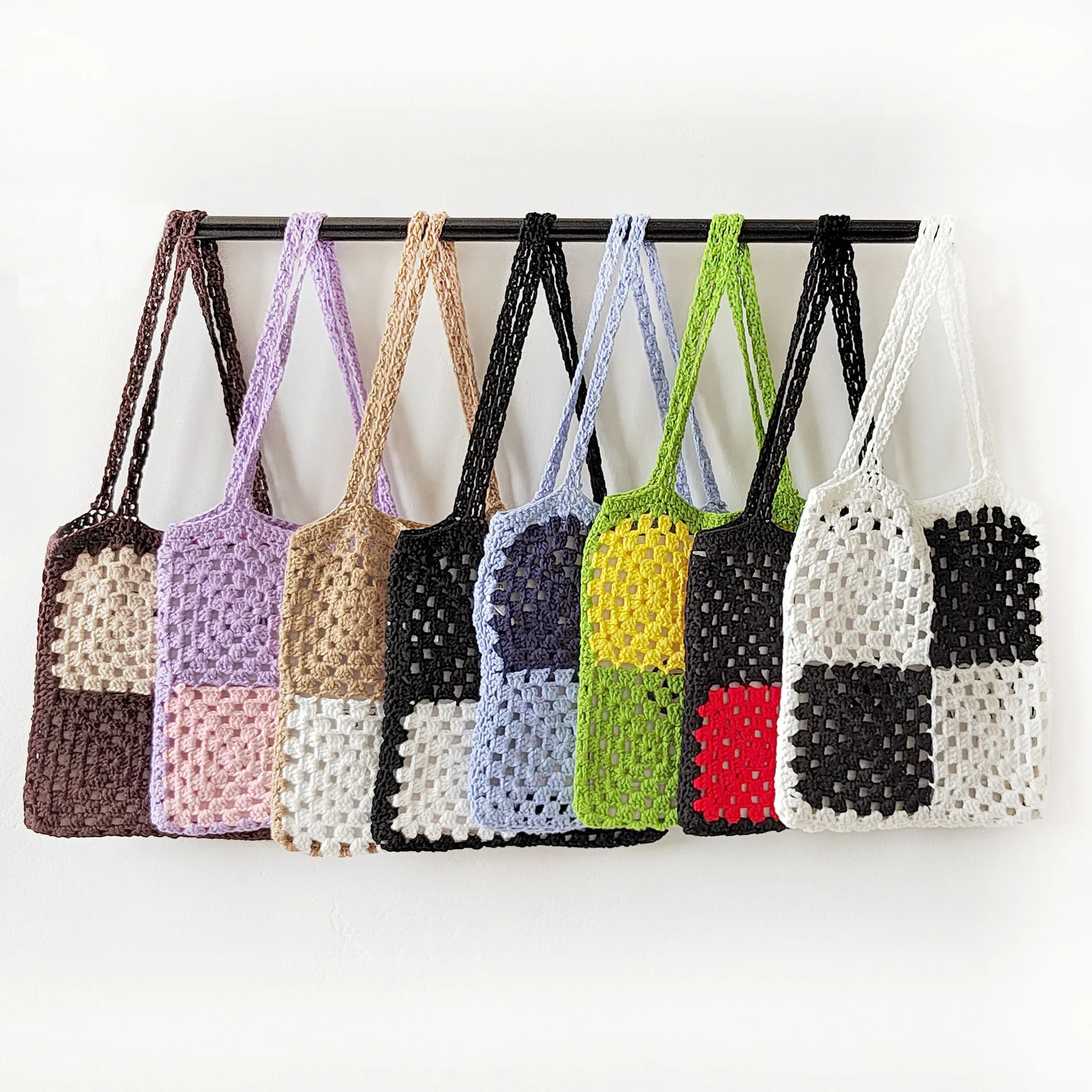 

Factory Supply Hand Made Crochet Color Block Shoulder Tote Bag Shopping Handbag
