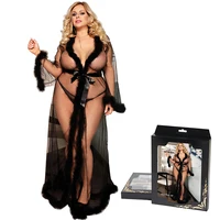 

Dropshipping sexy long lace trim fur trimmed lingerie robe for woman