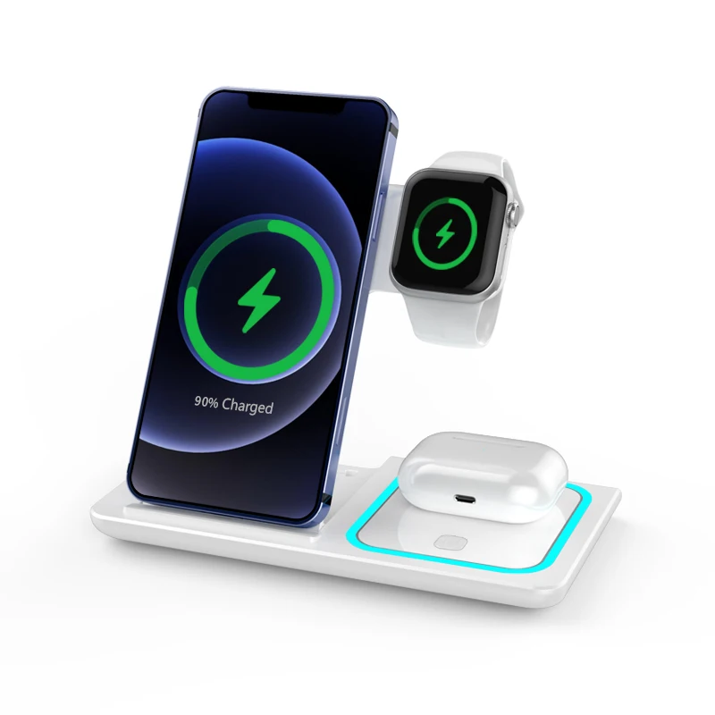 

Amazon Shopify Hot Sell 15W Wireless Charger Station for Iphone Samsung Iwatch Earphone Portable Wireless Charger Stand 4 in 1, Black white