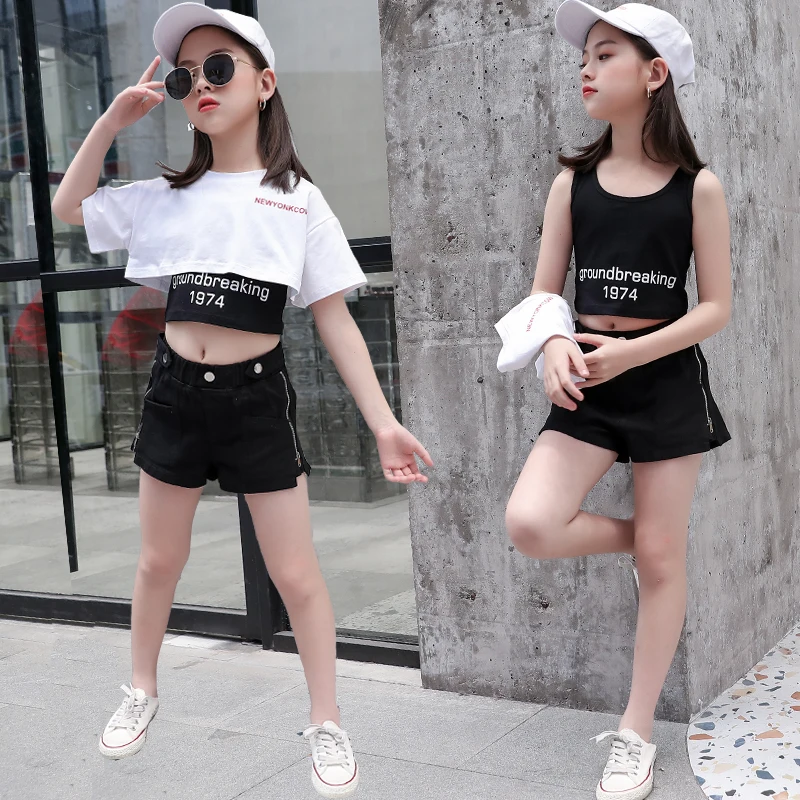 

Girl's solid color T-shirt + letter printing vest + shorts 3 piece set 2021 children's fashion suit girl's summer 3 piece set