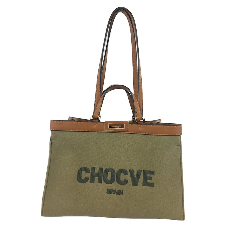 

2021 Custom Logo canvas Tote Handbag with PU Leather Handle