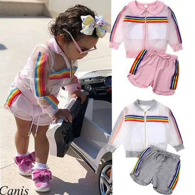 

Kids Girl 3 Pcs Outfit Set Long Sleeve Transparent Organza Rainbow Coat +White Vest + Shorts Kid Girl Sports Clothing Set