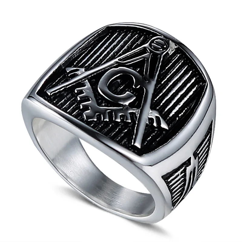

HY043 European and American classic retro freemason AG titanium steel ring male retro cast stainless steel ring
