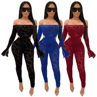 

1219M026 best seller off the shoulder mesh check flare sleeve bodysuit club sexy Pant Sets womens 2 piece outfit