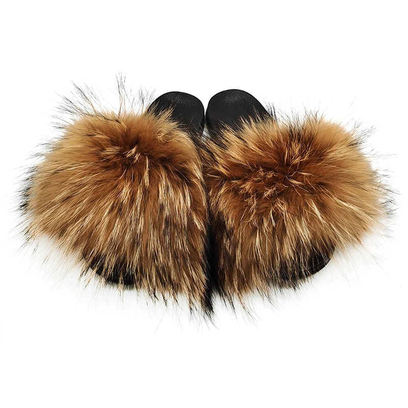 

Manufacturer custom new Royal Blue real raccoon fur slides ladies big comfy fluffy fox fur slippers, Customized color