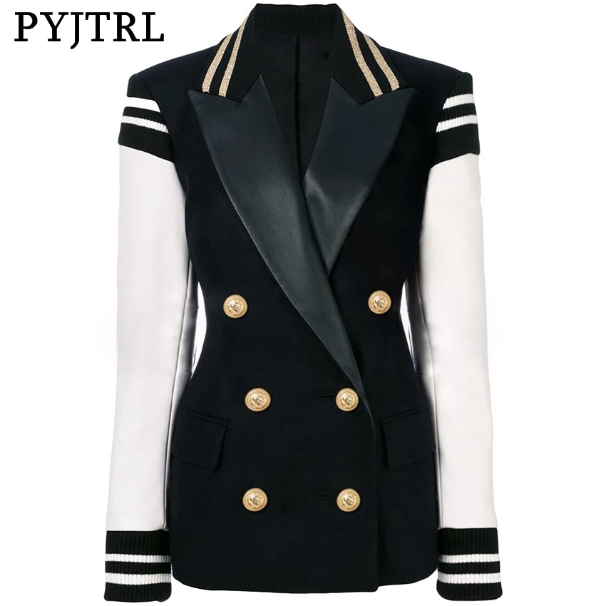 

PYJTRL New Fashion 2021 Stylish Female Blazer Varsity Jacket Women's Leather Sleeve Patchwork Lion Buttons Blazer Coat