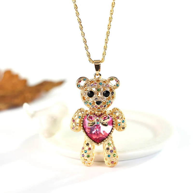 Vintage Cute Charm Bear Pendant Necklace Long Jewelry Gold Plated Crystal Diamond Heart Teddy Bear Necklace
