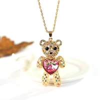 

Vintage Cute Charm Bear Pendant Necklace Long Jewelry Gold Plated Crystal Diamond Heart Teddy Bear Necklace