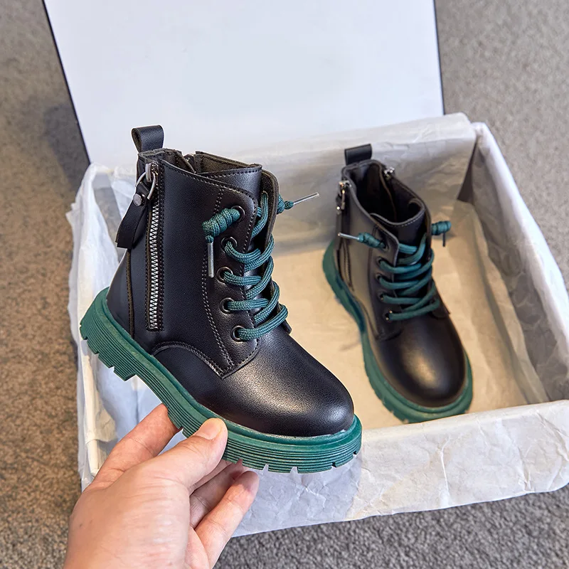 

2021 kids zipper Martin boots boy and girls fashion shoes children's soft PU leather ankle boots kid, As the photo