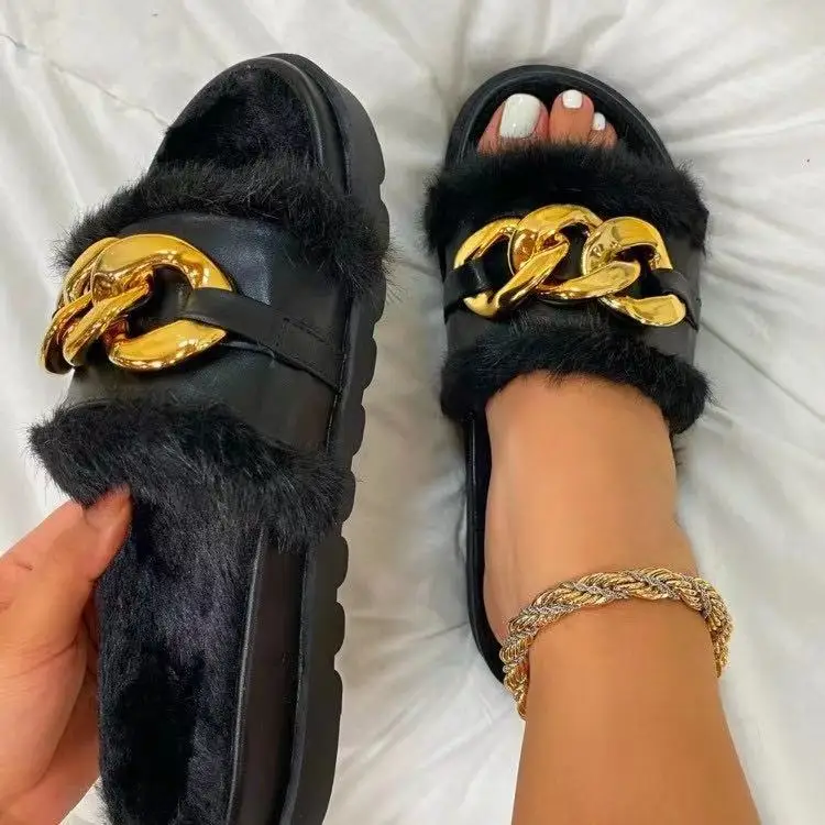 

Shoes Slippers for Women New Fashion Female Slides Lady Fuzzy for Ladies Flat Plush Fur metal chain Platform woman sandals, White/black/brown