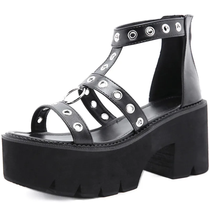 

New Summer 2021 New open-toed metal ring hollow high-heeled sandals platform Roman shoes women's shoes Large size