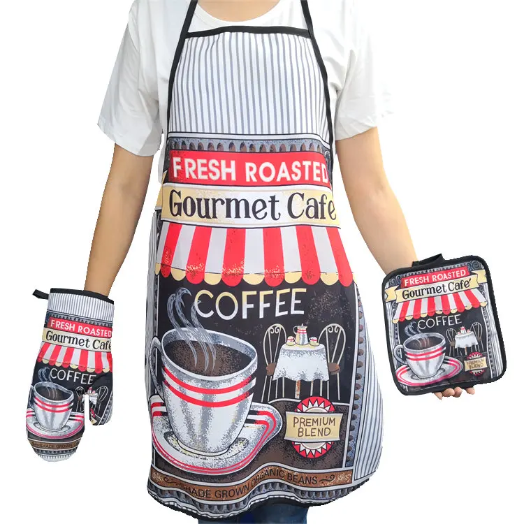 

Cafe pattern printed chef oven gloves pot holder kitchen apron sets customize