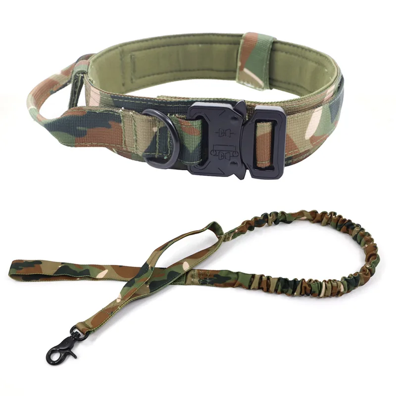 

Nylon Adjustable Dog Tactical Collar Leashes Pet Collars and Leash Set With Control Handle For Medium Large Dogs, Black khaki green camouflage