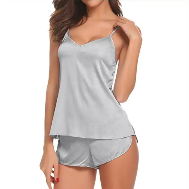 

Wholesale Women's Pajamas Set 2021 Autumn New Sexy Silk Thin Section V-Neck Vest Sleeveless Shorts 2-Piece Sets Sleepwear, Picture shows